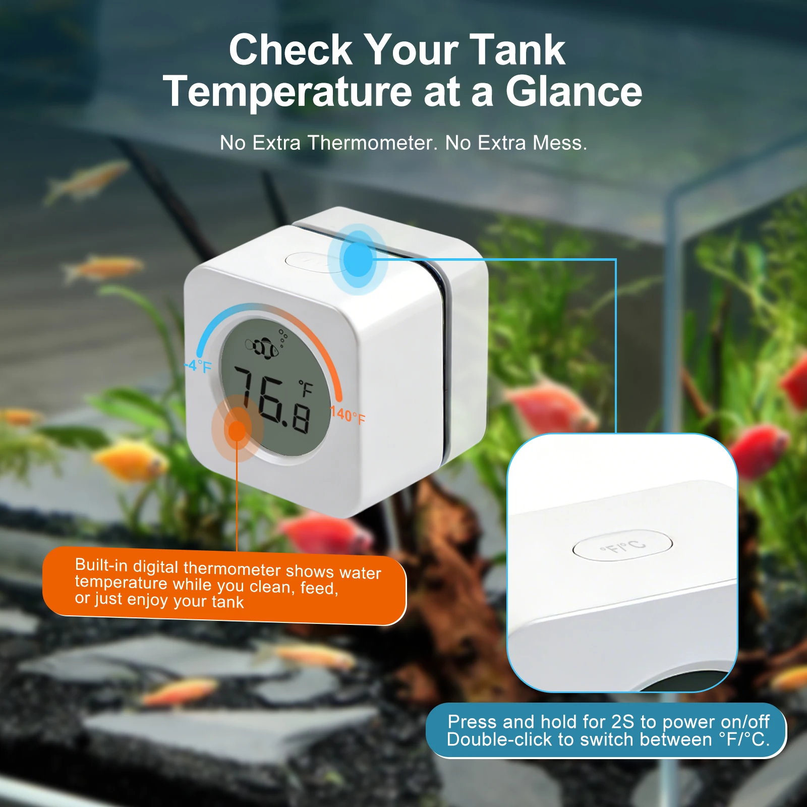 Magnetic Fish Tank Algae Scraper with Built-in Digital Thermometer, 2-in-1 Aquarium Glass Cleaning Tool High Accuracy