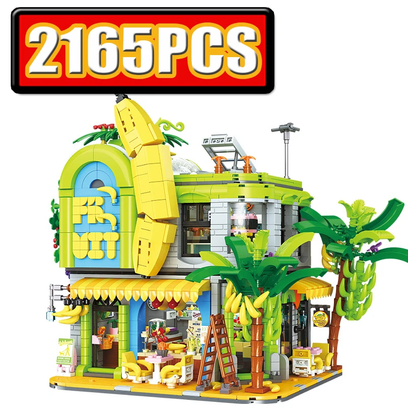 City Banana Shop House Buildings MOC Store Architecture Modular Building Block Assembly Model Kit for Adults 2165 Pcs