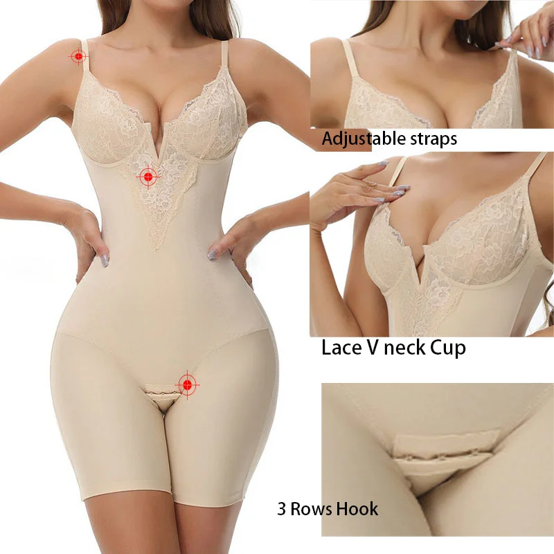 GUUDIA Lace V Neck Shaper Bodysuit Hook Open Crotch Bodysuit Boyshort Shapewear Body Suit Shorts Control Bodysuit Adjustable