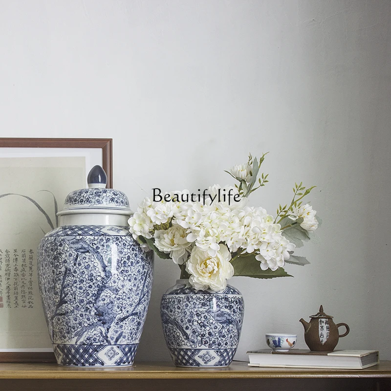 Flower Arrangement in Living Room and Dining Table High-End Entry Lux Flower Vase Chinese Retro Blue and White Porcelain Vase