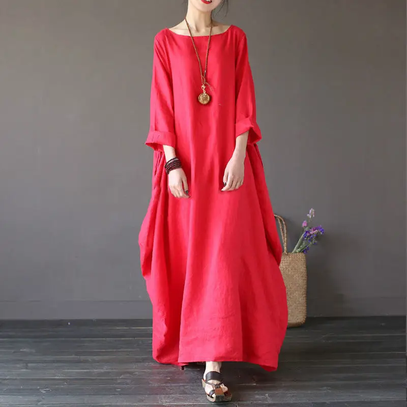 

New Spring Summer Vintage Irregular Large Size Dress Women Solid Casual Loose Cotton Linen Dresses Ladies Long Maxi Robe Vestido