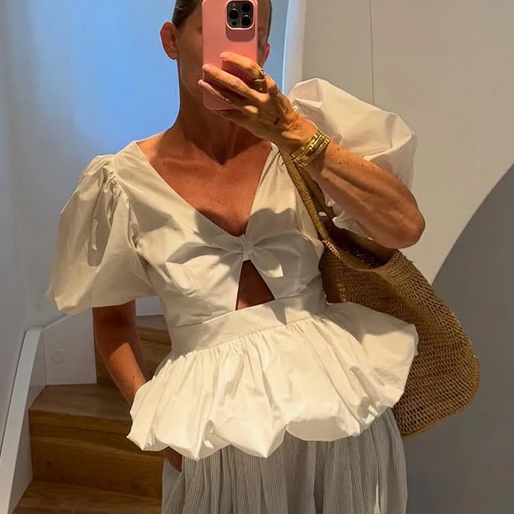 White Puff Short Sleeve Peplum Blouse Top Deep V Front Tie Cutout Waist Gathered Bubble Hem Flowy Casual Cotton Shirt 260702