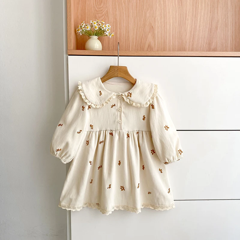 2026 Baby-Mädchen-Kleid mit langen Ärmeln, koreanischer Stil, Kragen, Spitze, Blumenstickerei, Baumwolle, Kleinkind-Prinzessinnenkleid, Herbst-Kinderkleidung – Detail 1