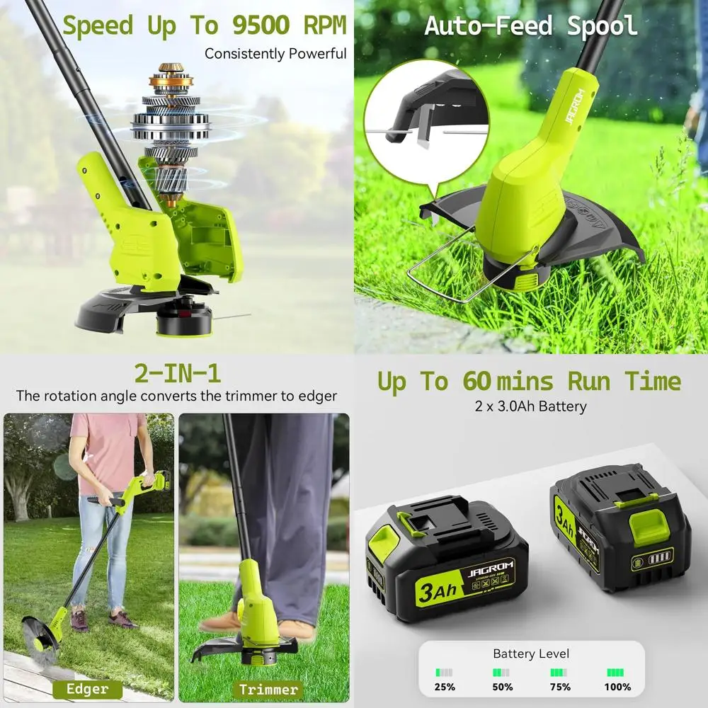 

12-дюймовый электрический триммер/косилка для травы с двумя аккумуляторами и 8 лесками для ухода за газоном и садом