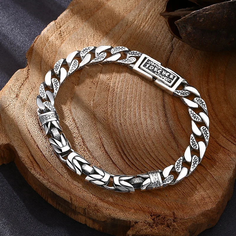 925 sterling silver bracelet personality all-match stitching tank bracelet trend Thai silver retro distressed ornament