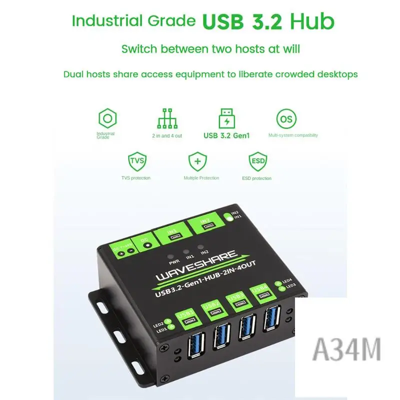 

A34M-Waveshare Industrial 4-Way USB3.2 Gen 1 Hub 2IN-4OUT Dual Host Shared Random Switching Multiple Protection Circuit 5Gbps