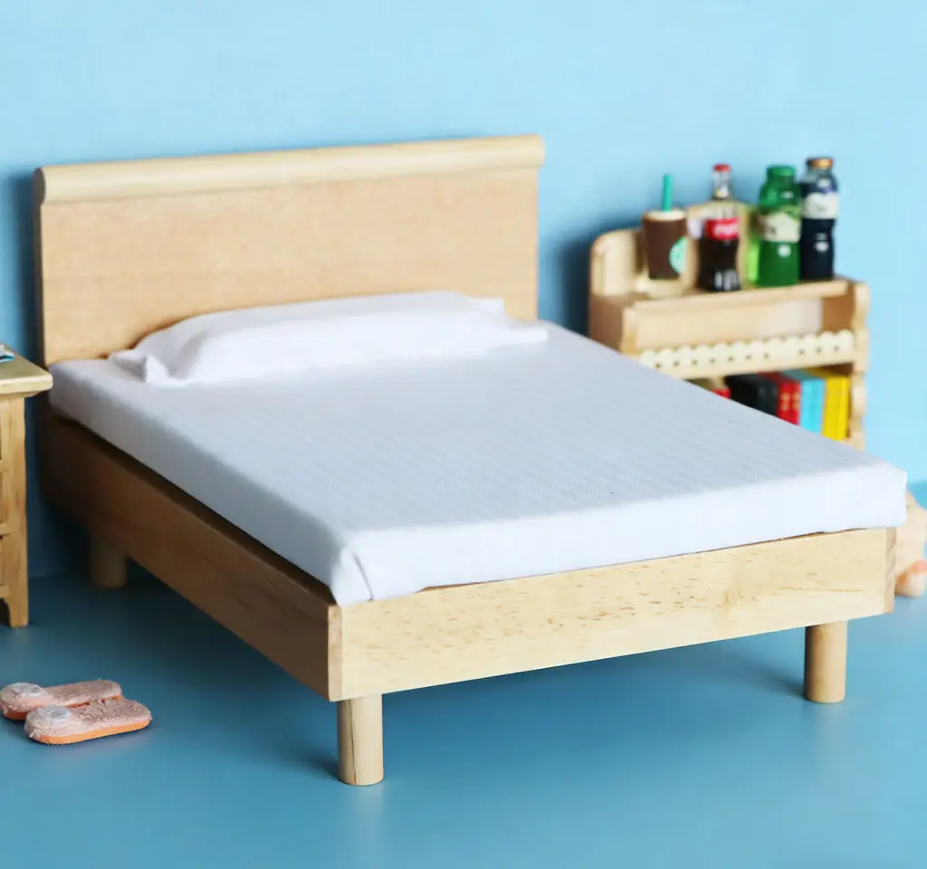 1:12 인형집 미니어처 원목 침대 - 모던 내추럴 우드 더블 침대, 침실 미니어처 가구, 인형집 침실 장식