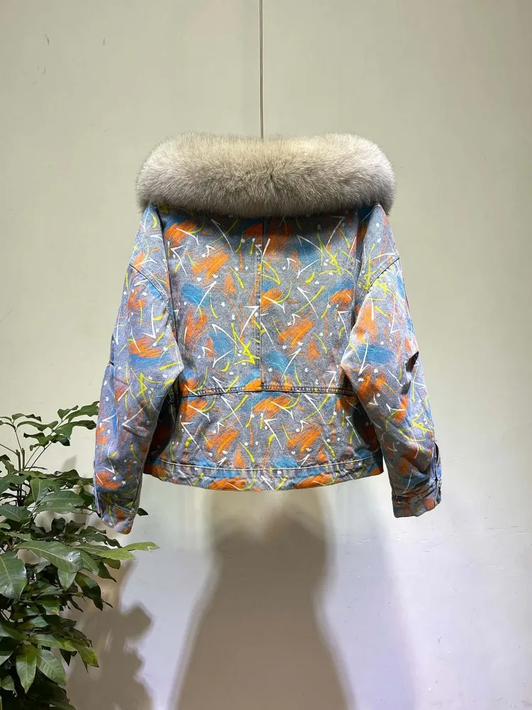 Winter Women Down Coat Fox Fur Collar Printed Denim Jackets Liner Detachable Puffer Jacket Office Lady Single Breasted Outerwear