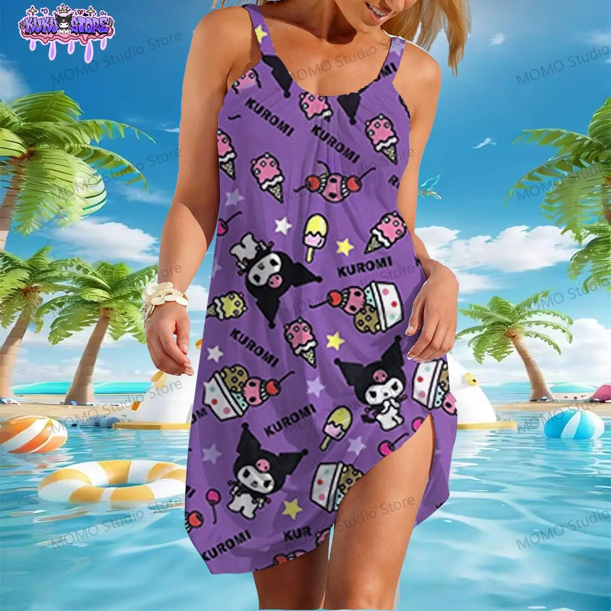 Kawaii Kuromi Women's Beach Dresses Sanrio Sling 2024 Boho S-3XL Summer One-piece Dress Youthful Woman Clothes Y2k Fashion New