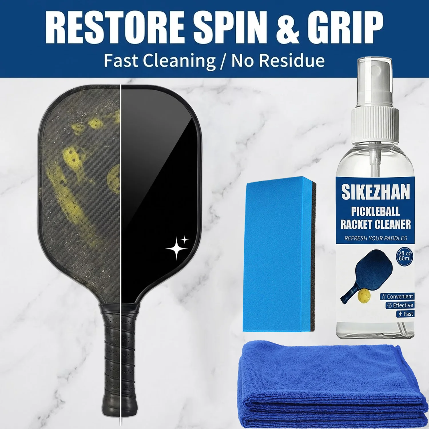 

Набор для чистки ракеток для пиклбола SIKEZHAN: спрей, салфетка из микрофибры, губка. Профессиональный набор для восстановления вращения и чистки ракеток из углеродного волокна.