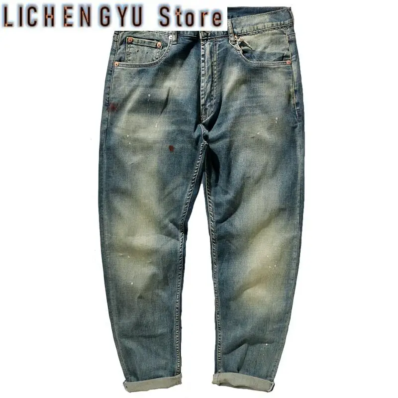 

Spring Summer New Retro Thin Stretch Jeans Men's Fashion Light Blue Moustache Effect Washed Old Casual Straight Pants