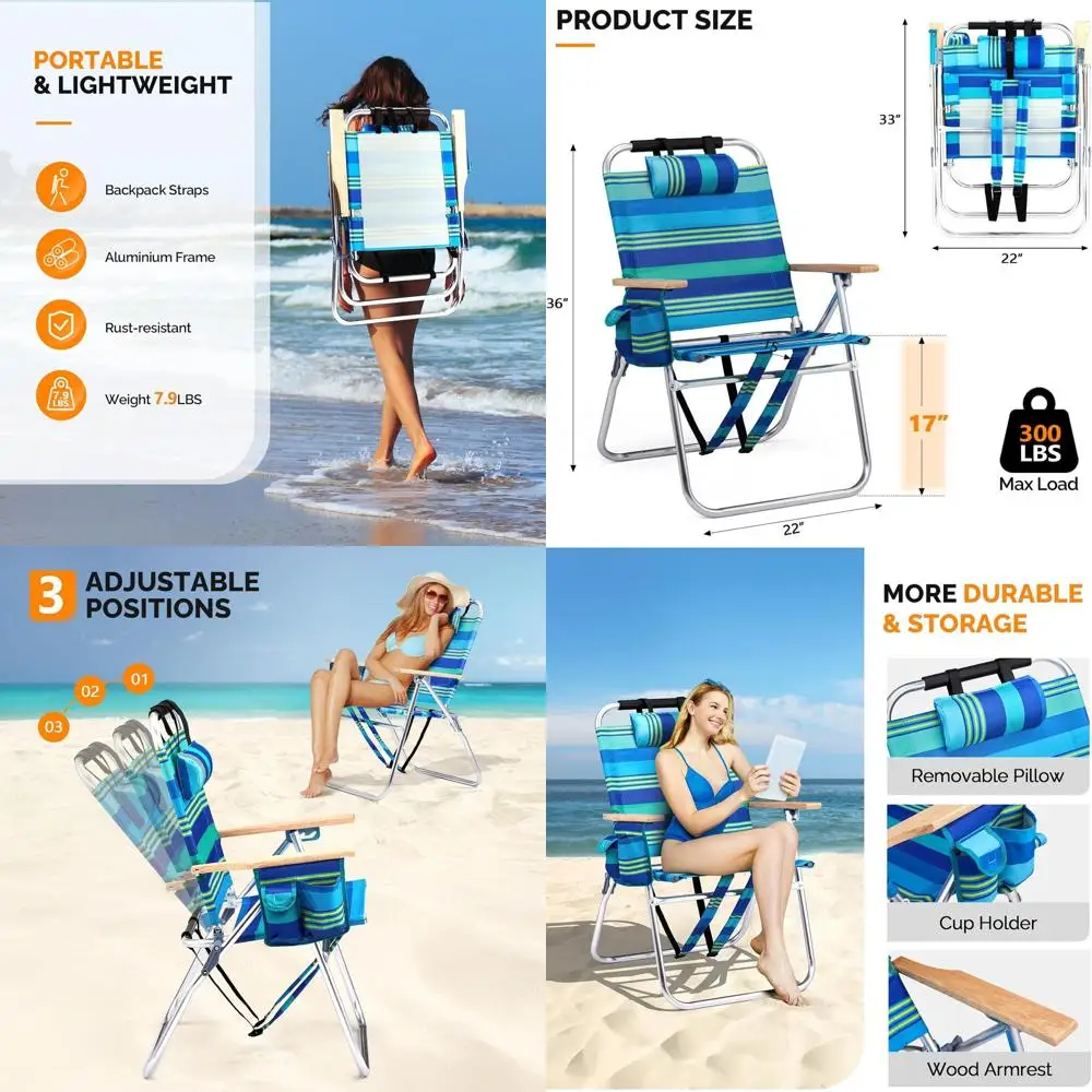 

Portable 17 Tall Beach Chair for Adults - 3-Position Recline, Adjustable Straps, Cup Holder, Lightweight Design