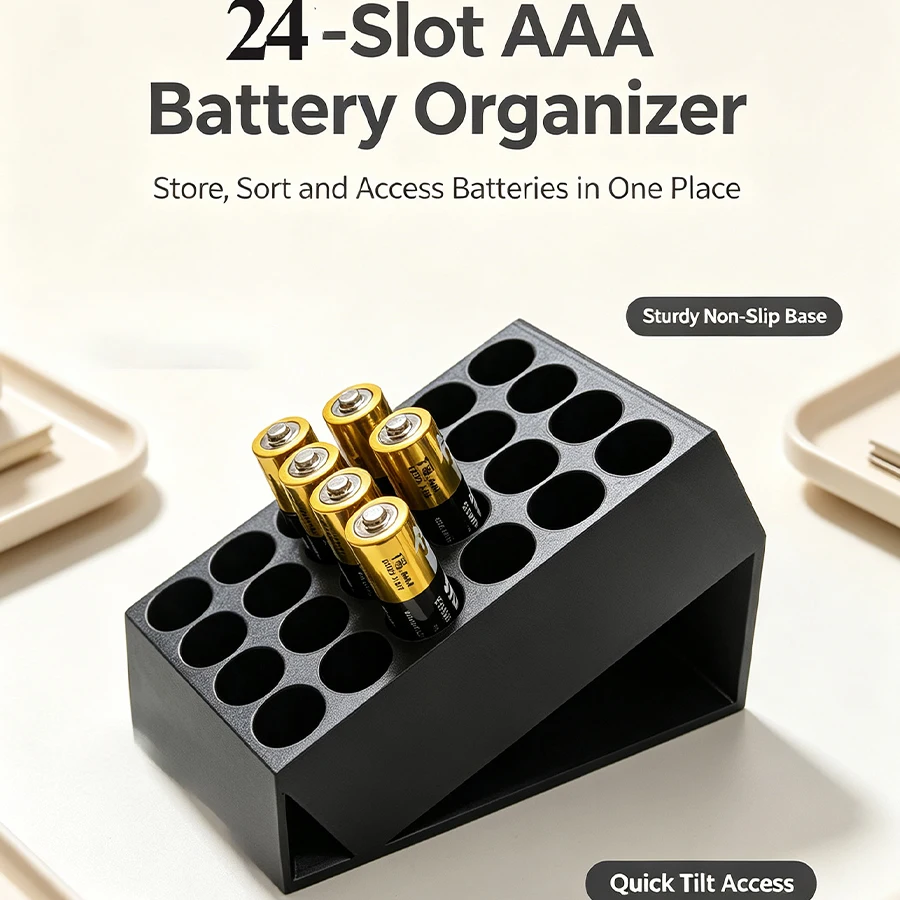 24-Slot Aaa Battery Storage Holder, Tilted Design with Non-Slip Base, Durable Plastic Battery Organizer, Suitable for Desktop / Drawer / Home Office / Gaming Devices / Remote Controls