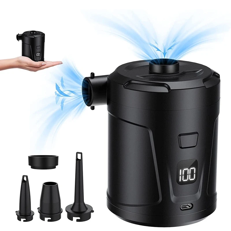 Bomba de aire eléctrica con carga USB, Mini inflador de 5200Mah, 4300Pa, 3 boquillas para cojines inflables, camas de aire