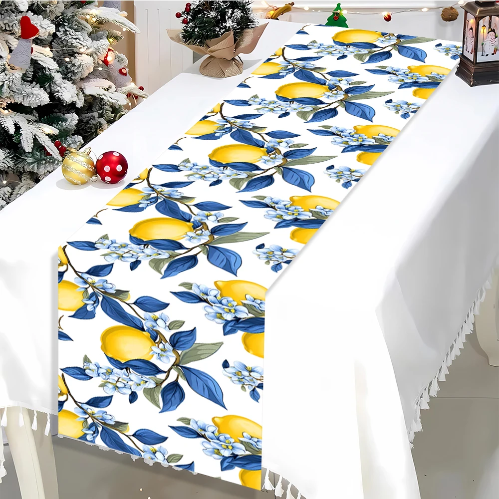 Lemon Floral Table Runner Blue Leaf Print Fabric Dining Table Decor Summer Farmhouse Wedding Holiday Party Ornament
