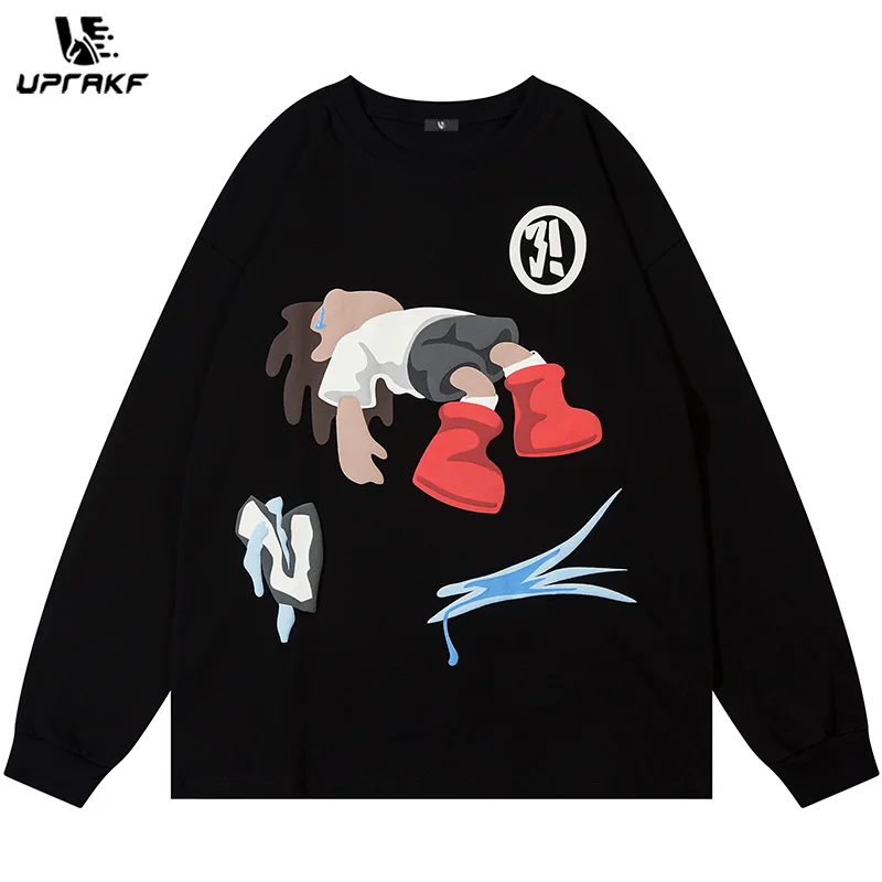 UPRAKF Cartoon Graphic Print Long Sleeve Hoodie Autumn Casual Pullover Round Neck Cotton Loose Streetwear Tops Fashion