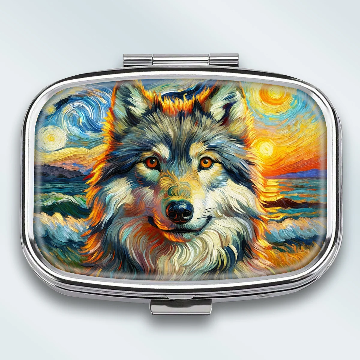A Portable Square Metal Pill Box, Inspired by a Starry Wolf Theme, Features 2 Compartments, Perfect for Elegantly Storing Your Medications or Health Supplements. It Is Also Very Suitable for Sorting and Storing Vitamins and Small-Packaged Medicines.
