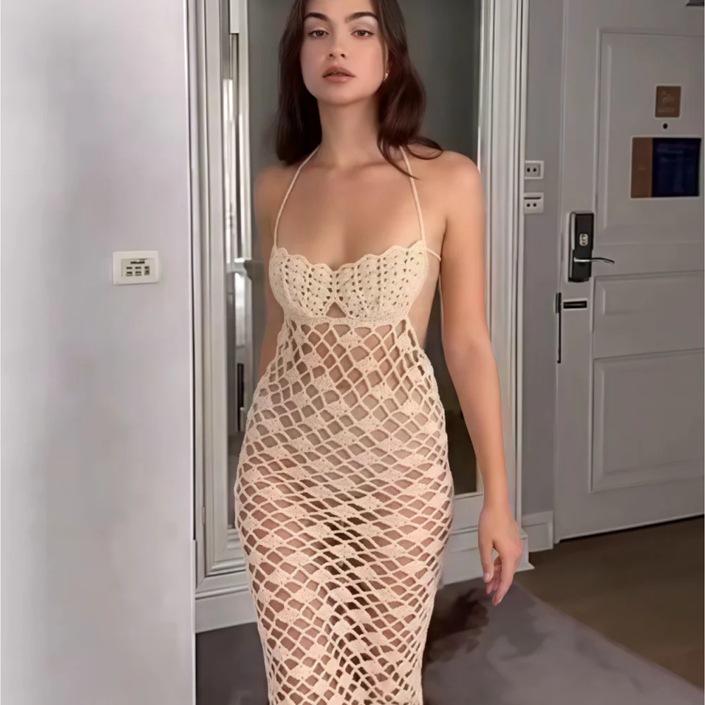

Sexy Hollow Backless Slim Long Dresses Lady Summer Halter Lace Up Lace Bodysuit Elegant Knitted Shell Beach Dress