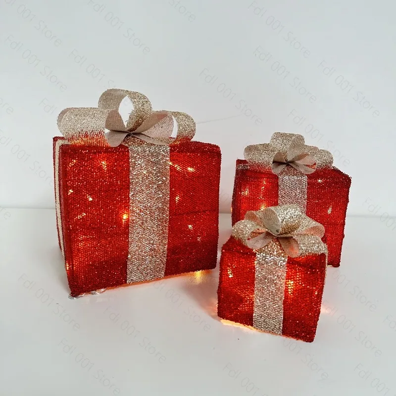 Christmas Wrought Iron Gift Box, Bronzing Cloth LED Luminous Three-piece Decorative Box Stack Head