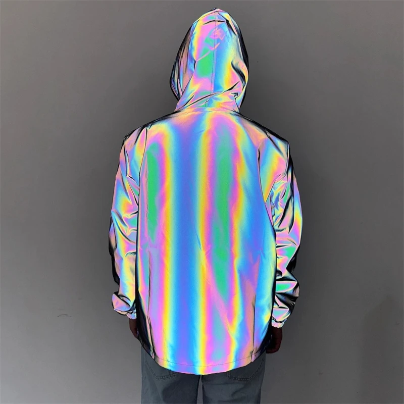 Men Colorful Reflective Jacket Hooded Streetwear Coat Outdoor Cycling Jogging Hip Hop Fashion Casual Night Sports Outerwear