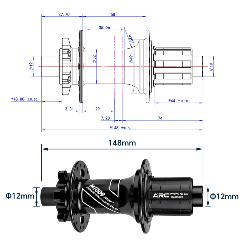 ARC MT009 Boost Bicycle Rear Hub 12X148mm 28 32 Hole Mtb Hub Disc Brake 6 Pawls 114 Noisy Cube for HG/MS/XD THRU Bike Parts