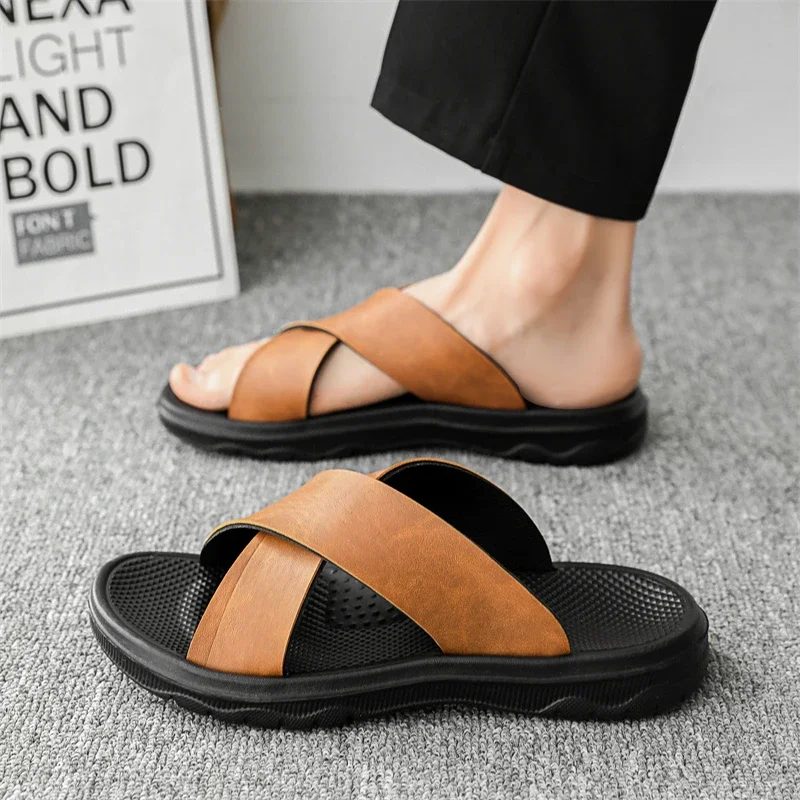 

ELUVA Men Sandals Summer Lightweight Non Slip Beach Sandals Comfortable Outdoor Flip Flops for Walking PU Leather Casual Shoes