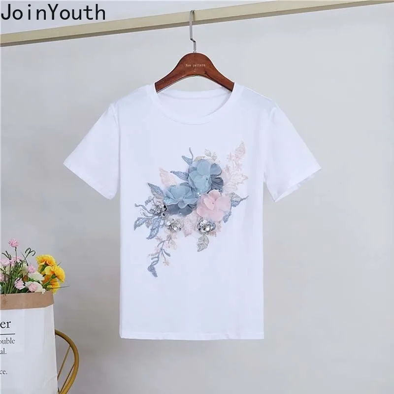 Koreanische zweiteilige Sets Frauen Kleidung Stickerei Kurzarm weiße T-Shirts hohe Taille Denim Shorts Outfits lässig Sommer y2k Set