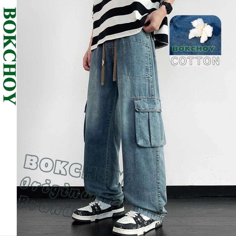 2025 Spring Summer New Casual Cargo Cotton Straight Jeans for Men Clothing Big Pockets Drawstring Loose Men Pants YBJYF-2587