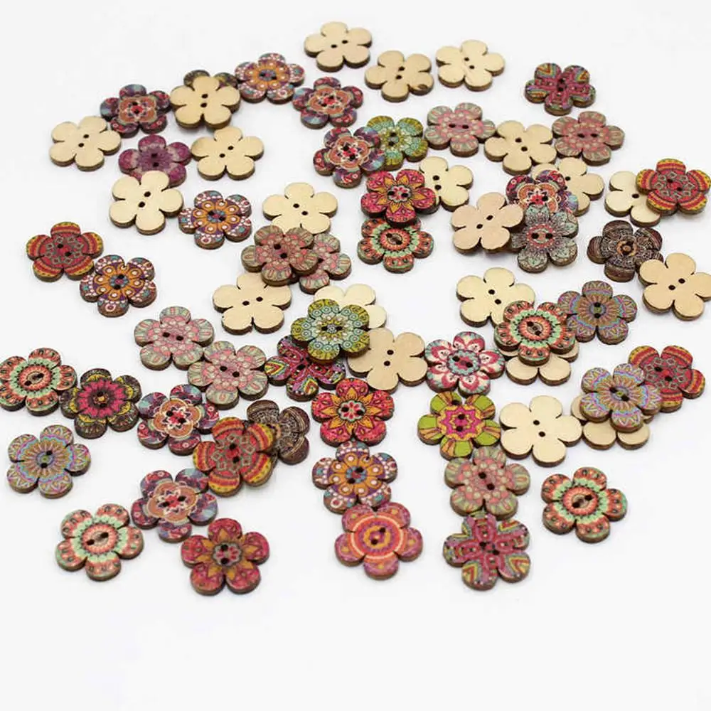 50pcs/lot  Flower buttons For Craft Accessories 20/25mm Printed Patterns Wooden Buttons