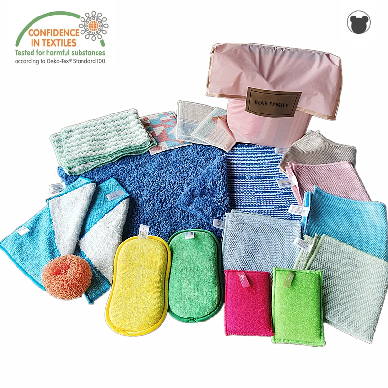 18PCS Set Cleaning Supplies Gift Bag Microfiber Kitchen Towels Glass Scouring Pad Sponges Household Rags Bathroom Cleaning Tools