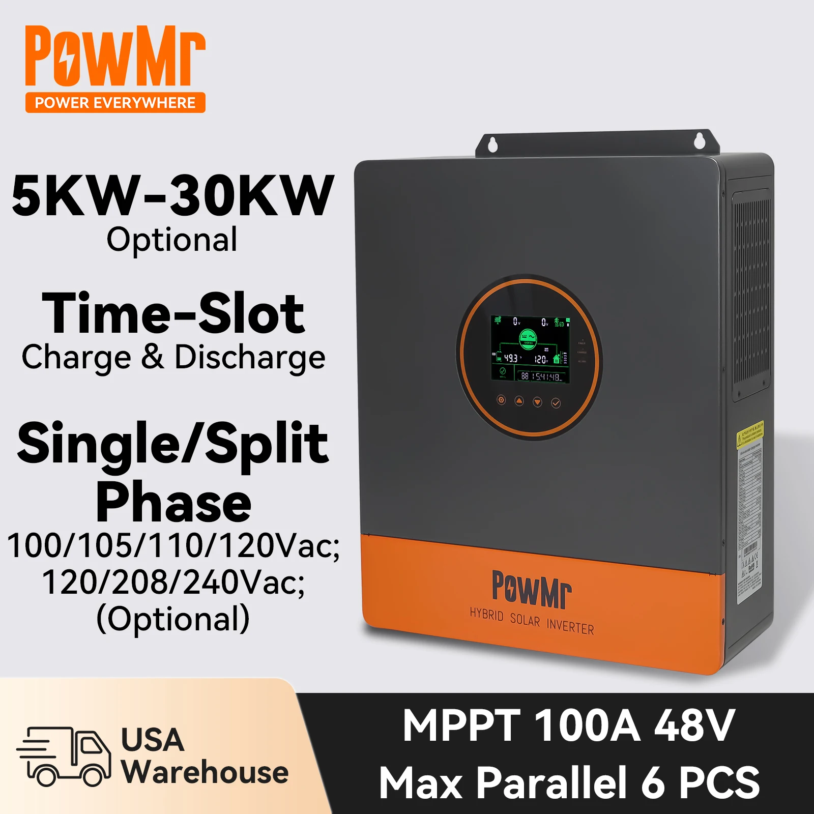 

PowMr Split Phase Solar Inverter 48V MPPT Hybrid Solar Inverter 5KW 10KW 20KW 30KW 100A 120V 208V 240V Optional