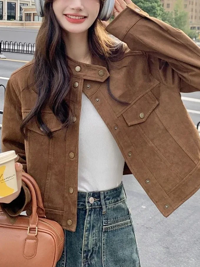 Winter Korean Brown Cropped Leather Jacket Women High Street Casual Button Leather Coat Vintage Chic Design Faux Fur Coat Autumn