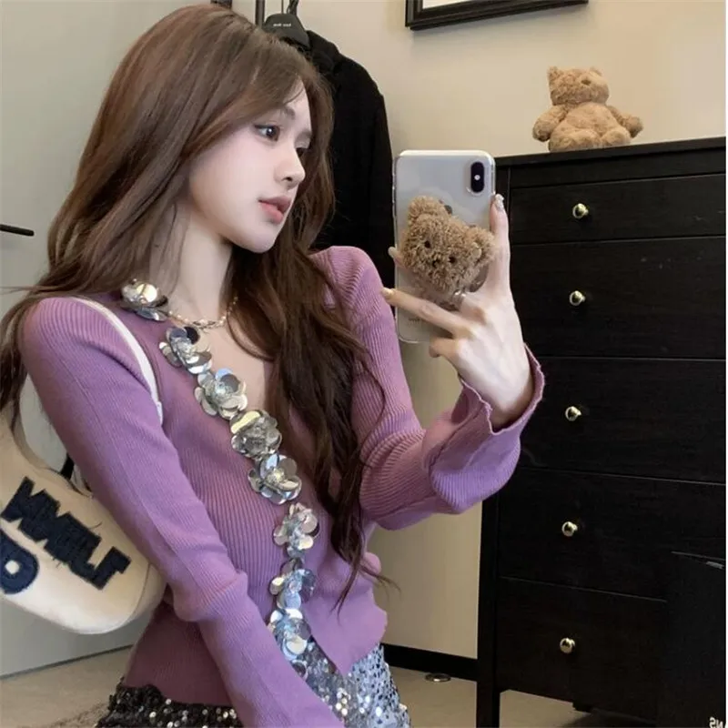 

Sequined Flower V Neck Knit Cardigan Women 2024 New Spring Fashion Slim Short Sweater Long Sleeve Grey Black Purple Knitwear Top