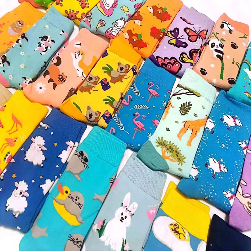 Fun Happy Colorful Socks Women Spring Fashion Cute Cartoon Sloth Giraffe Flamingo Bear Rainbow Mushroom Pattern Girl Stockings