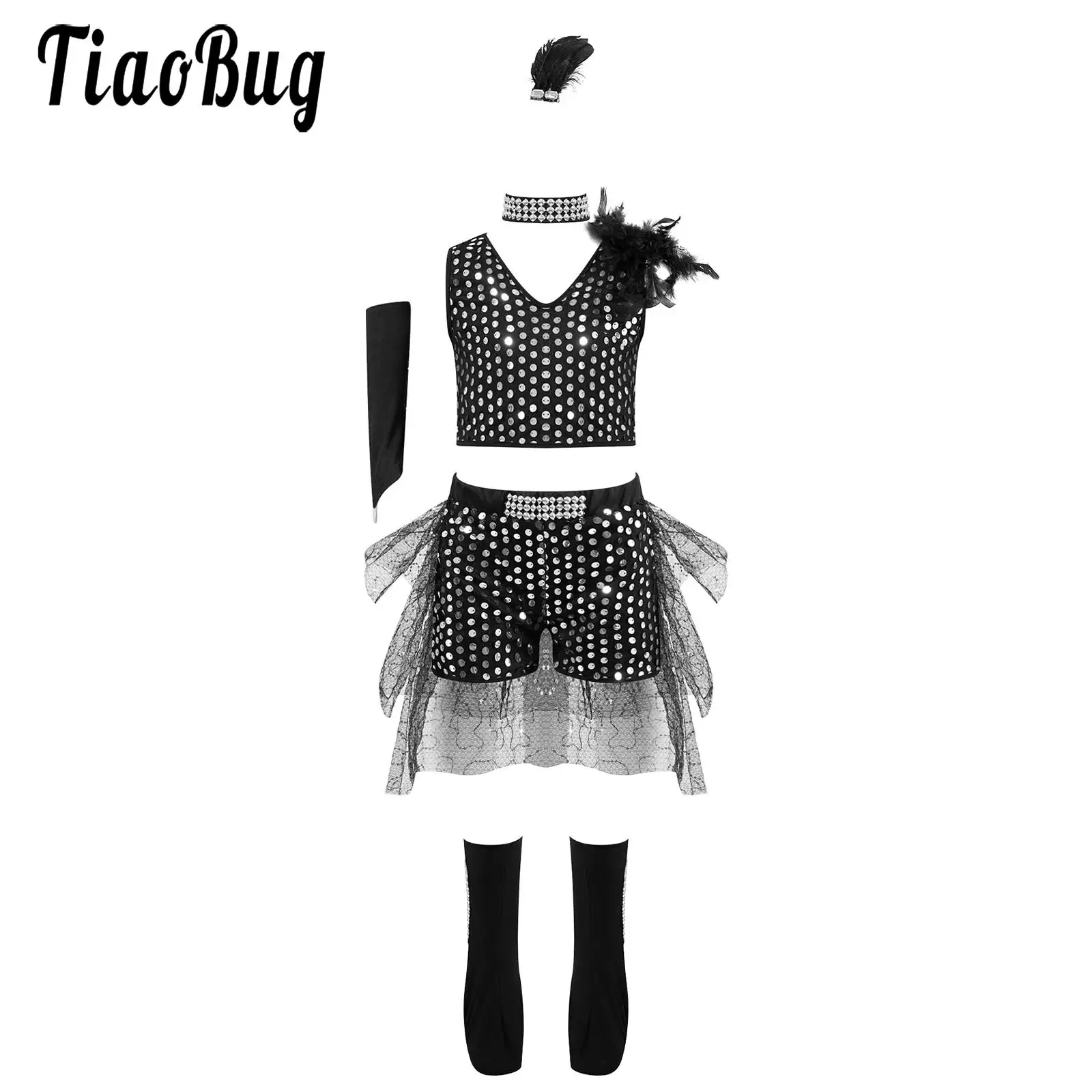 

Kids Boys Girls Sparkly Sequins Dance Outfit Teens Stage Performance Costume V Neck Sleeveless Crop Top with Shorts Shoes Cover