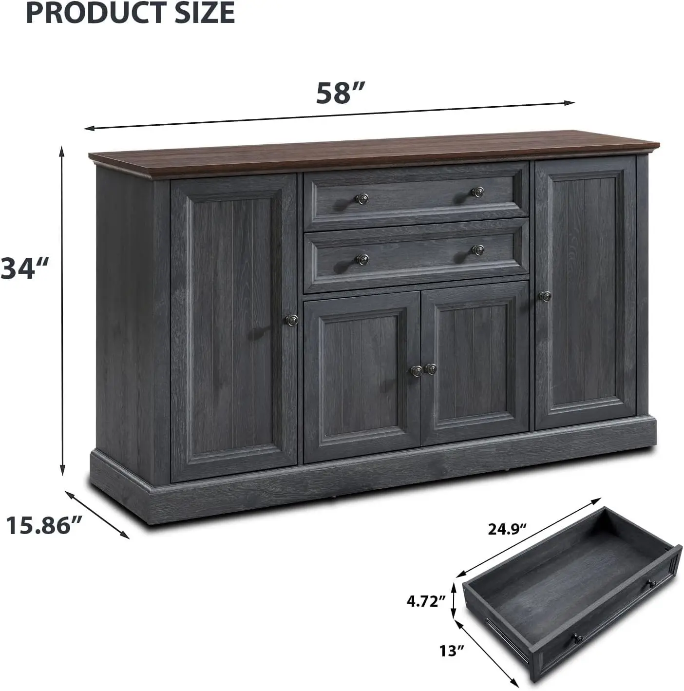 Armário buffet Farmhouse de 58" com armazenamento, armário de bar de café de 34" de altura com 2 gavetas grandes e 4 portas de celeiro com ranhuras, madeira rústica sid