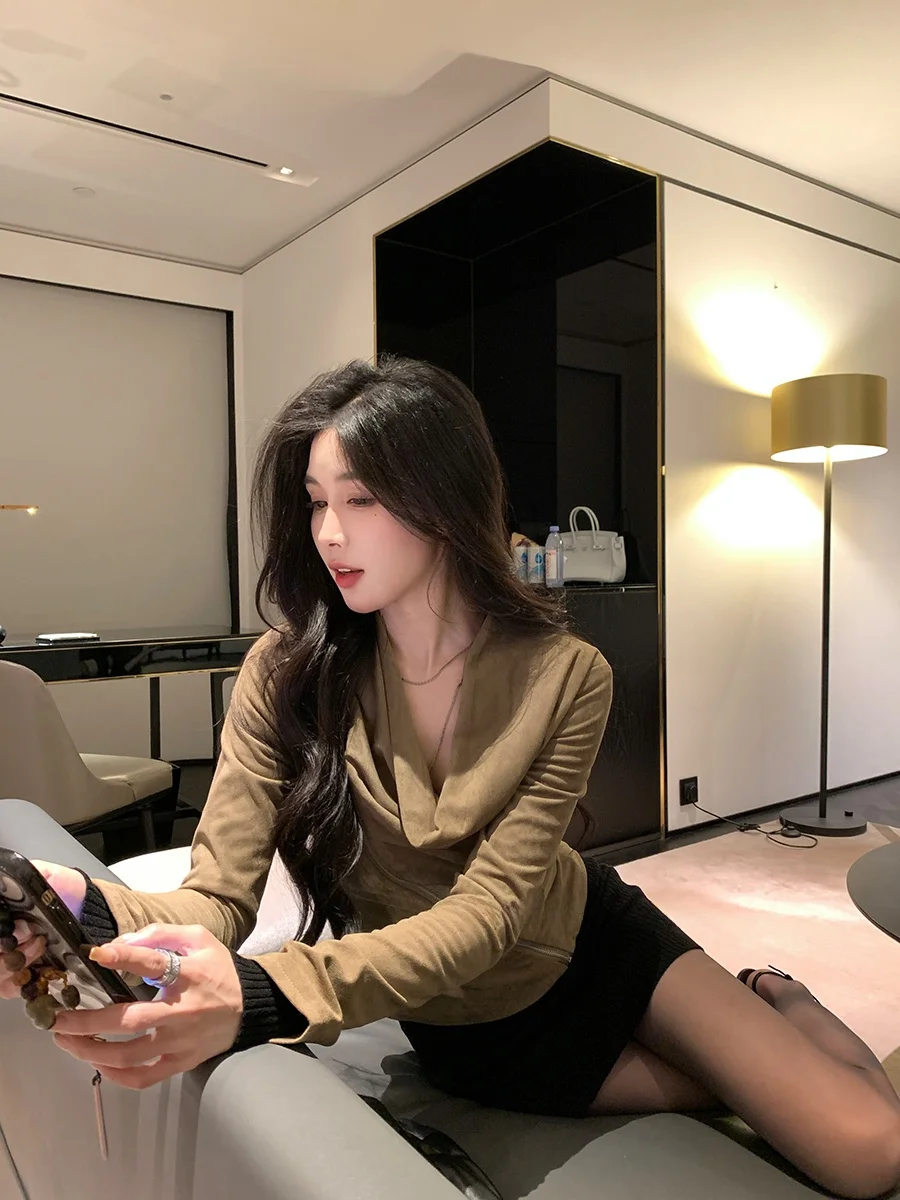 

Женское приталенное замшевое платье с боковыми разрезами V-Ne ort Coat Commute Sle Regular Sve Long Zipper Closure Pure Color