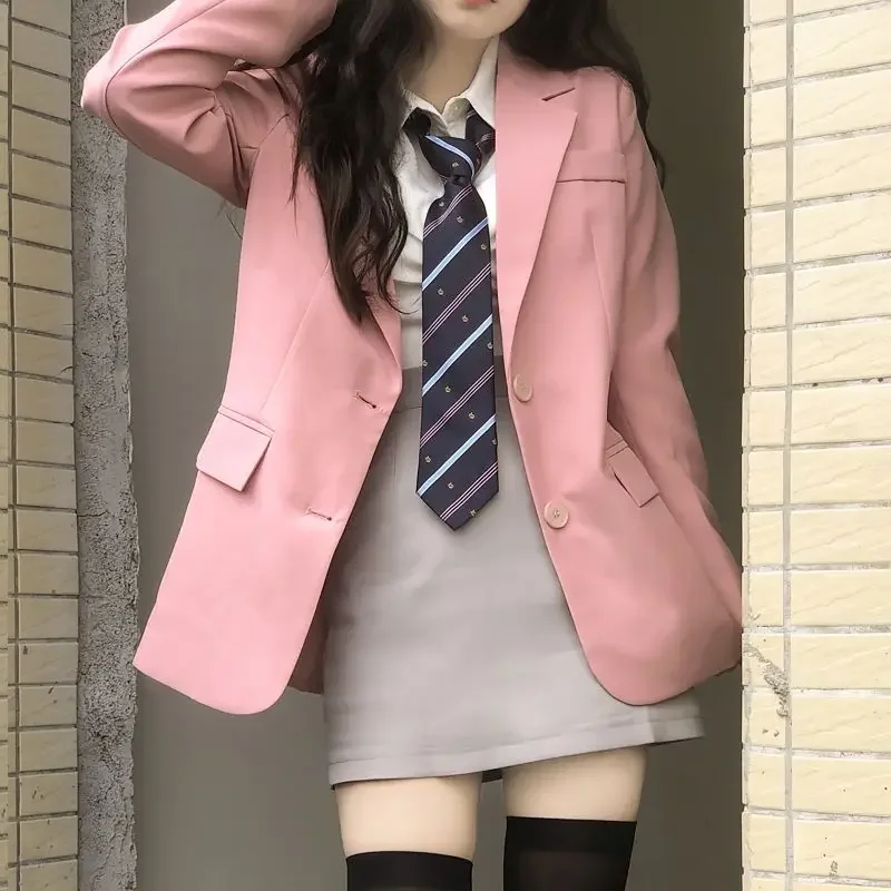 Insozkdg-jaqueta pequena rosa estilo universitário rua frita para mulheres, blazer elegante com tudo a combinar, solto para estudante, primavera e outono