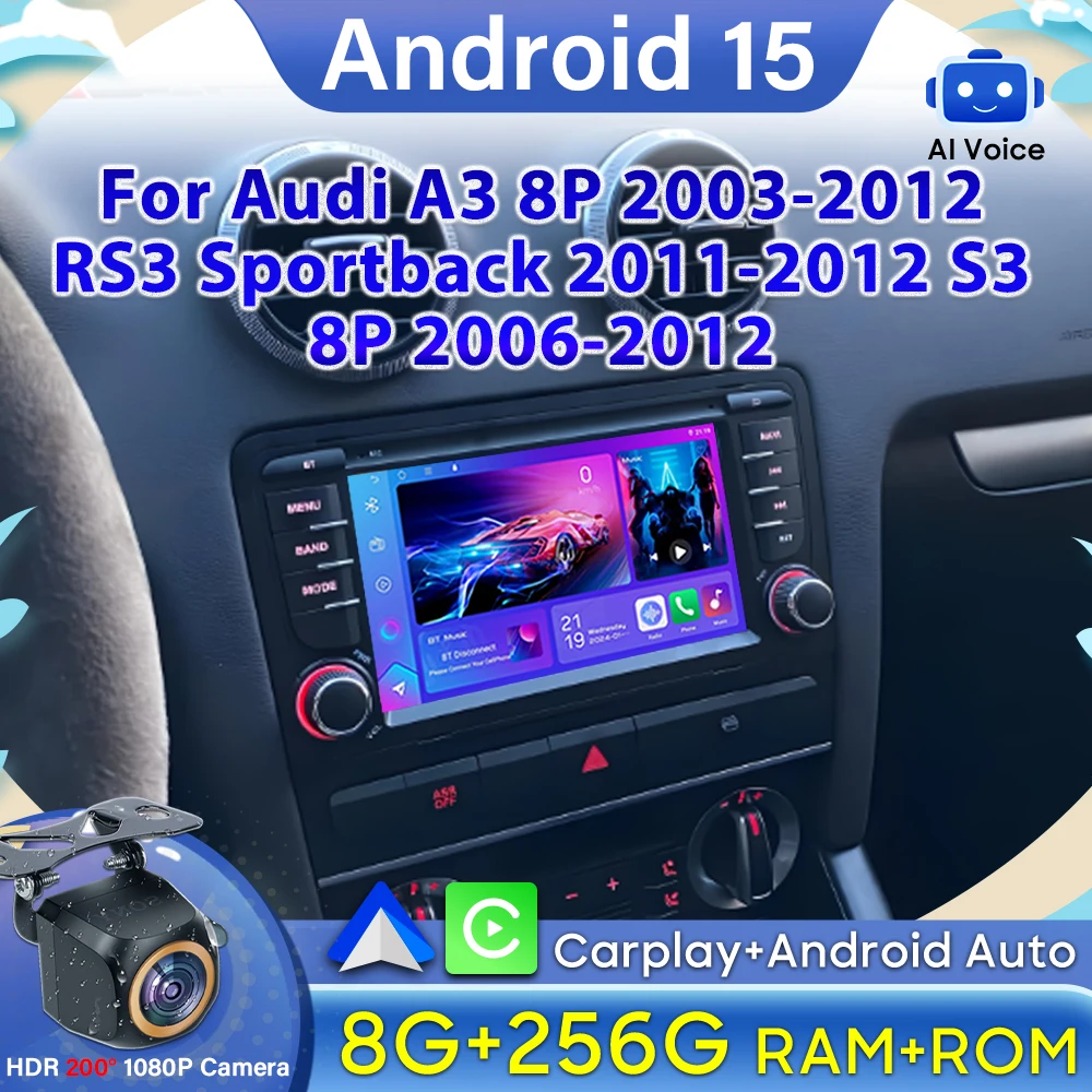 Android 15 For Audi A3 8P 2003-2012 RS3 Sportback 2011-2012 S3 8P 2006-2012 GPS Navigation Video Car Radio Carplay Car Monitor