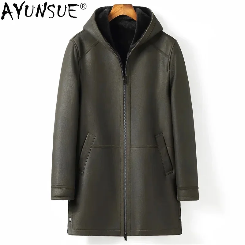 AYUNSUE Natural Fur Coat Men's Hooded Real Jackets Male Midi Warm Wool Coats Plus Size 9xl Winter Outwear Veste Homme SQQ720