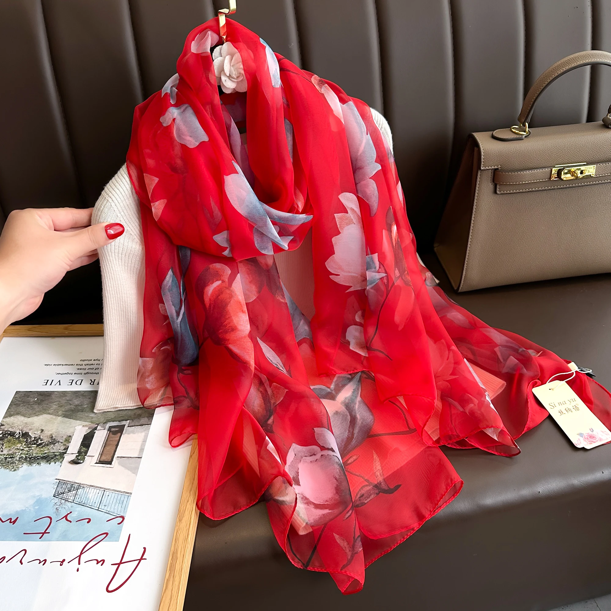 

Женский пляжный шёлковый шарф с цветочным принтом, весна-лето