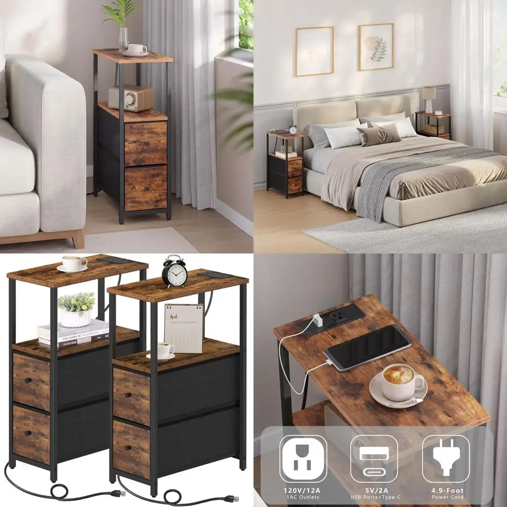 

Pair of Compact End Tables with Charging Ports, 2-Drawer Nightstands, Living/Bedroom Use, Brown TB01BB055