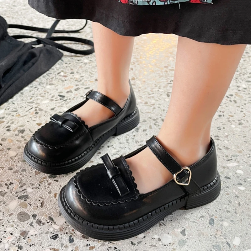 

Children Leather Shoes Spring Autumn Kid Girls Solid Color Breathable Mary Jane Shoes School Versatile Black Shoes Hook & Loop