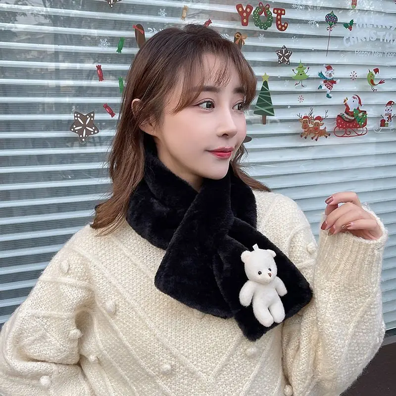 Color Optional Scarf Female Autumn Winter Wind Season Korean Version Of Cute Bear Plush Students With Thick Warm Cross Neck2023