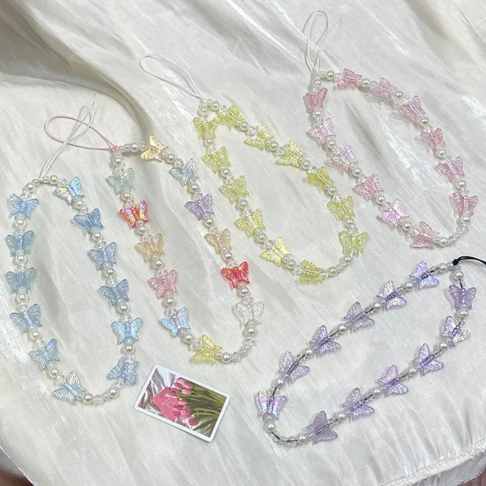 

Ремешок для телефона с бусинами в виде бабочки, защита от потери, кристально чистые яркие цвета, брелок для телефона, пластик, кавайный стиль