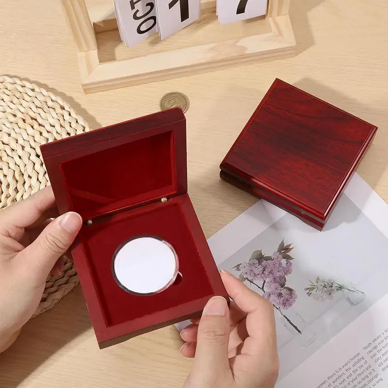Challenge Coin Wood Presentation Box Dark Red Square with Velvet Inside for 1.65inch Coin or Awards Wooden Commemorative