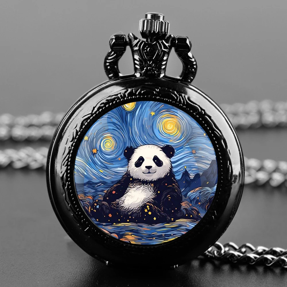 Quartz Pocket Watch Unique Vans Goghs Famous Black Cat Panda Design Vintage Clock Chain Jewelry Pendant Gift Reloj De Bolsillo