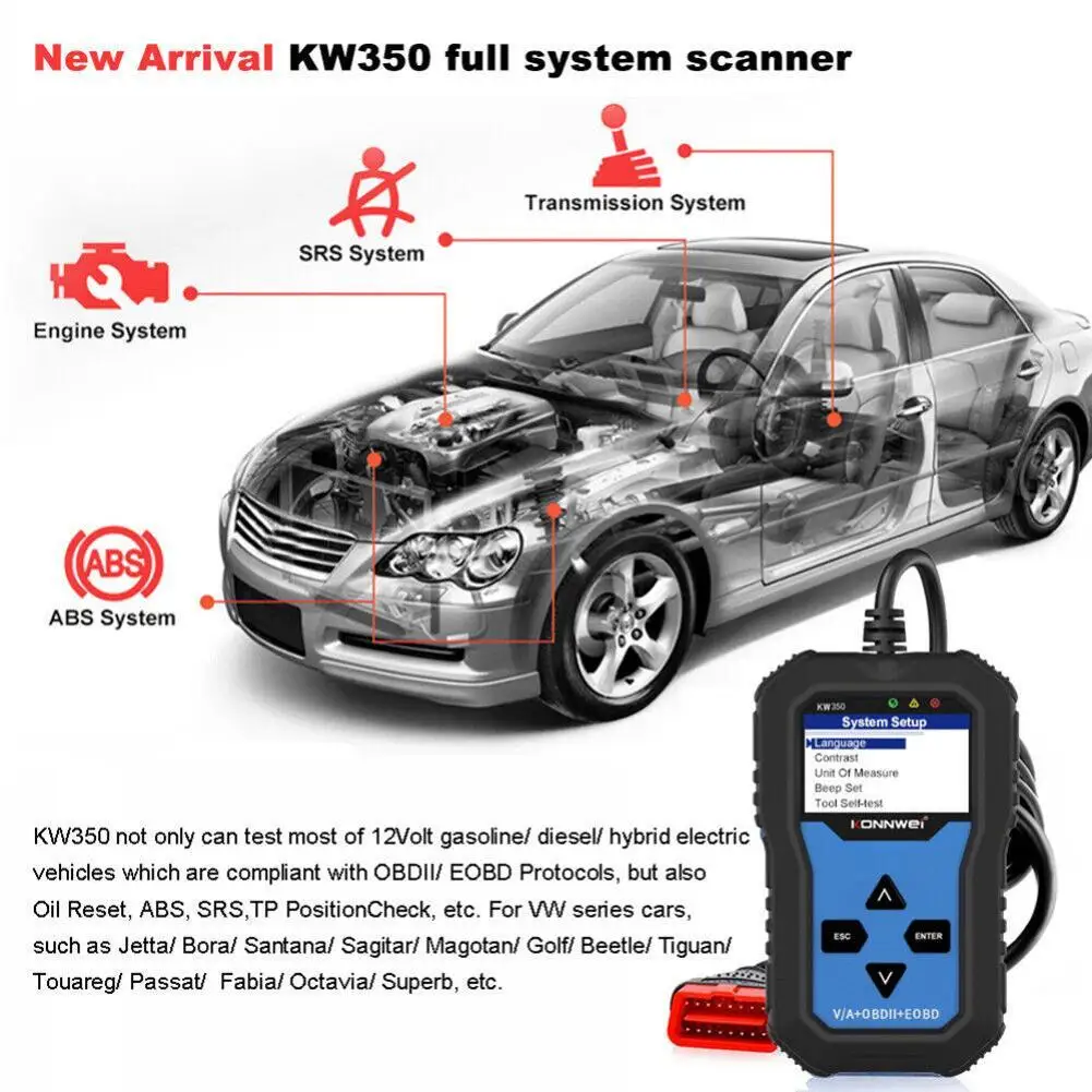 Kw350 Car Diagnostic Scanner Code Reader Locator Abs Brake System Transmission Case Engine Scanning Tool V007