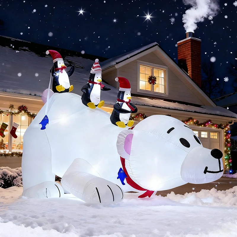 

7,7 фута 2,3 м надувные игрушки с подсветкой белого медведя с тремя пингвинами взорвать белый медведь счастливая рыбалка открытый садовый декор