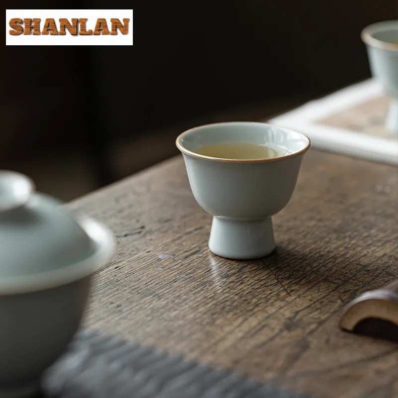 60ml Boutique Azure Ru Kiln Porcelain Teacup Ice Crack Glazed Ceramic High Foot Master Cup Personal Tea Bowl Kung Fu Teaset Gift